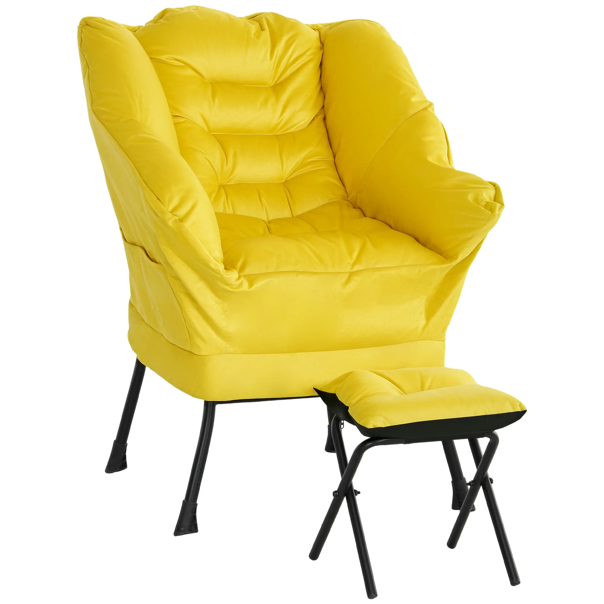 HOMCOM Sillón de Salón con Otomana Bolsillos Laterales y Patas de Acero Amarillo