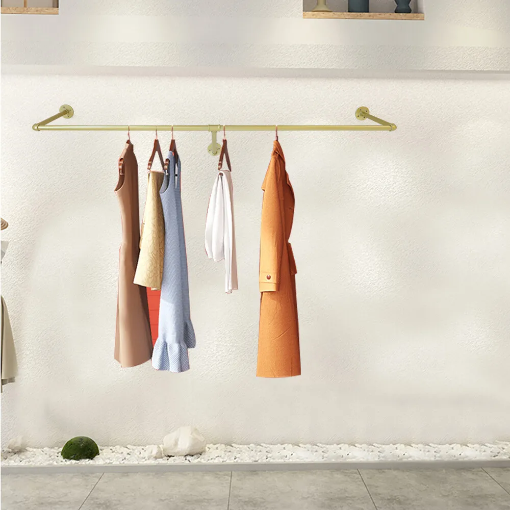 

Gold Iron Industrial Pipe Wall Mounted Clothing Rack High Load-Bearing Garment Rack Stand Retail Display Closet Organization