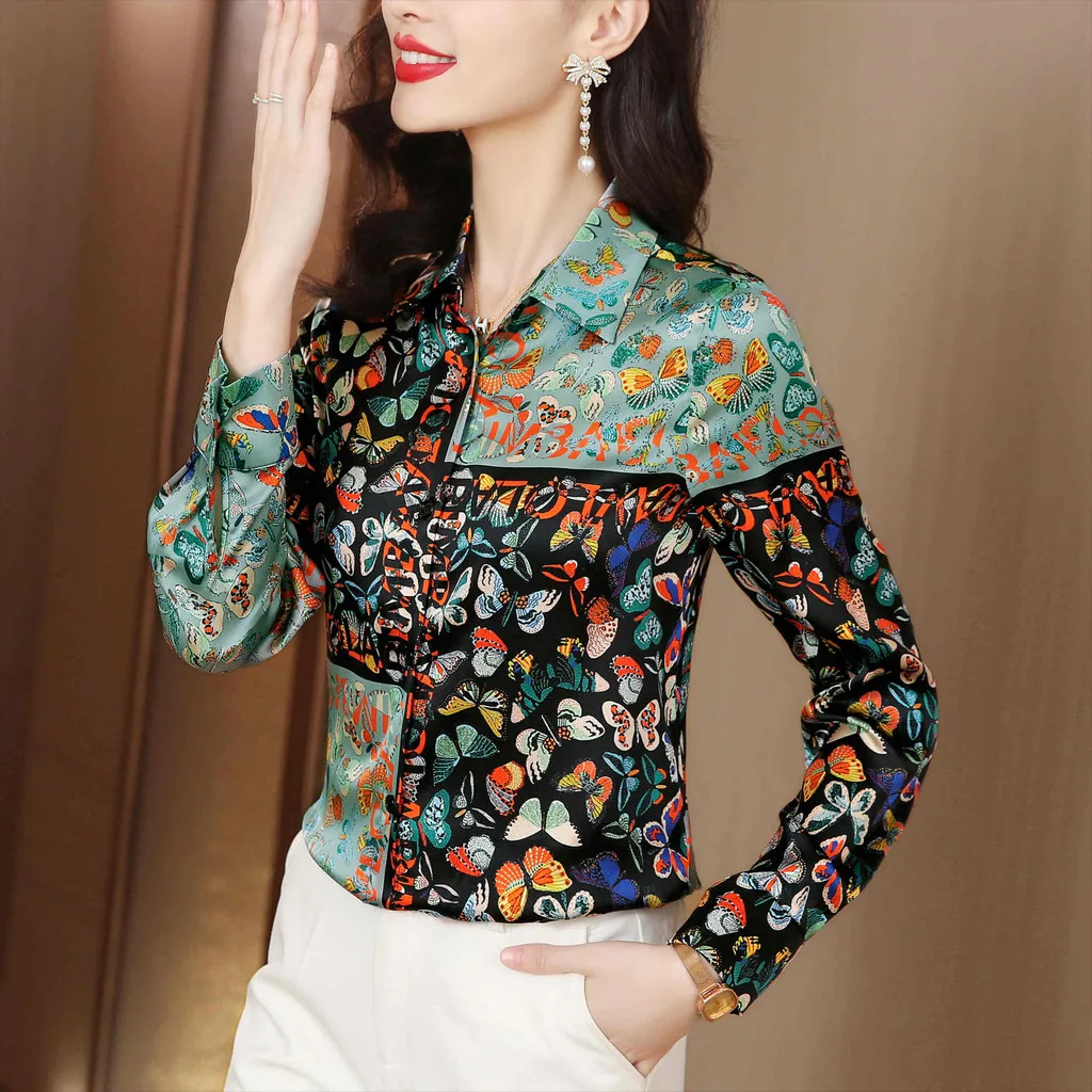 

Fashion Casual Office Shirt Tops Vintage Print Long Sleeve Ladies Blouse Butterfly Print