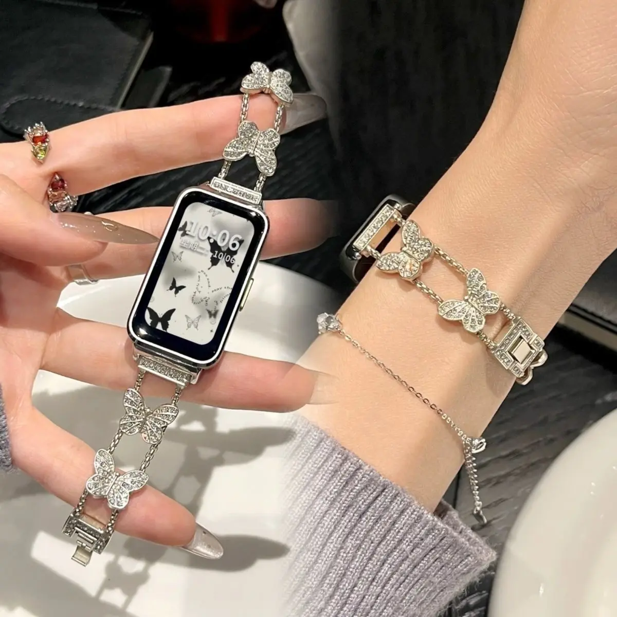 

Ремешок-бабочка из нержавеющей стали для Huawei Band 10 9 8, браслет-украшение со стразами, регулируемый металлический стильный аксессуар