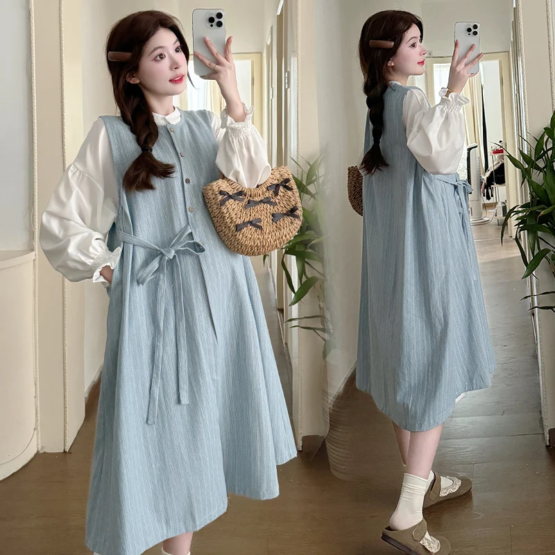 Korean Style Maternity Denim Blue Dress Sleeveless Button Fly Plus Size Pregnant Woman Vest Dress Long Loose Fashion Tank Dress