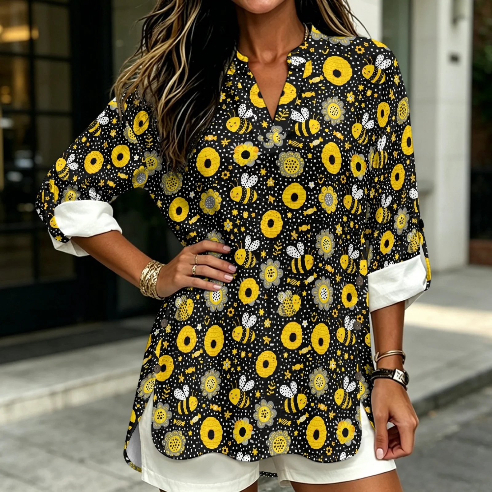 PENSTROLL Honey Bee Sunflower Print Linen-Like Causal Shirt Women's Long Sleeve Shirts for Ladies Curved Hem Women's Blouse