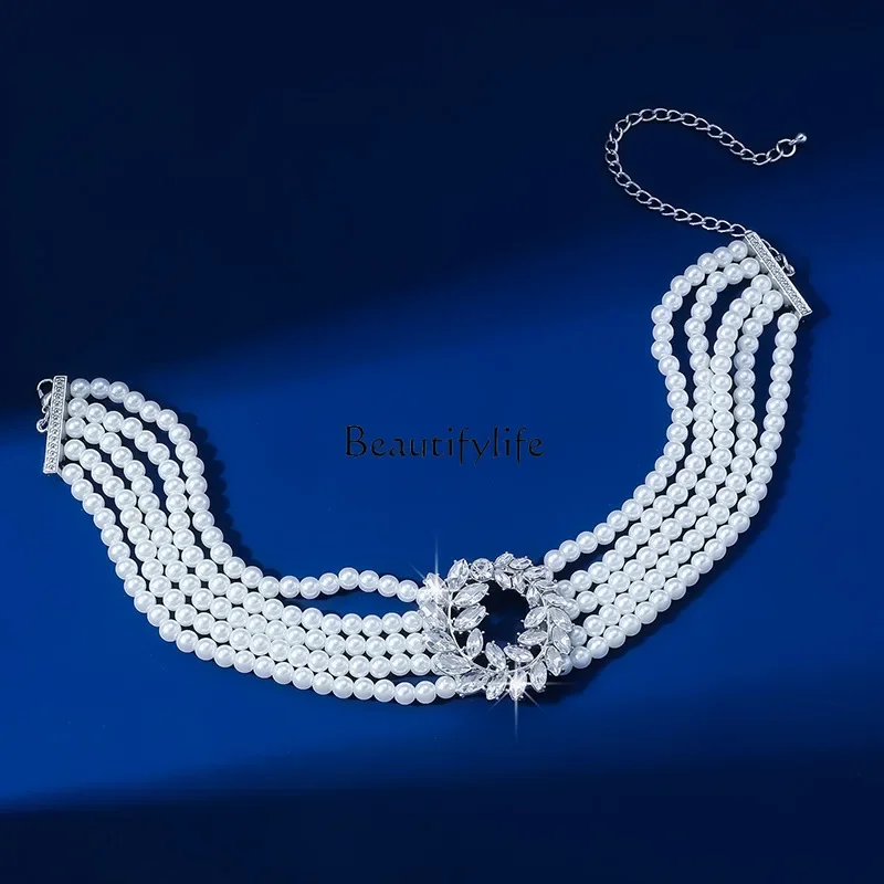 

European and American exaggerated multi-layer imitation pearl colored diamond square large crystal chain