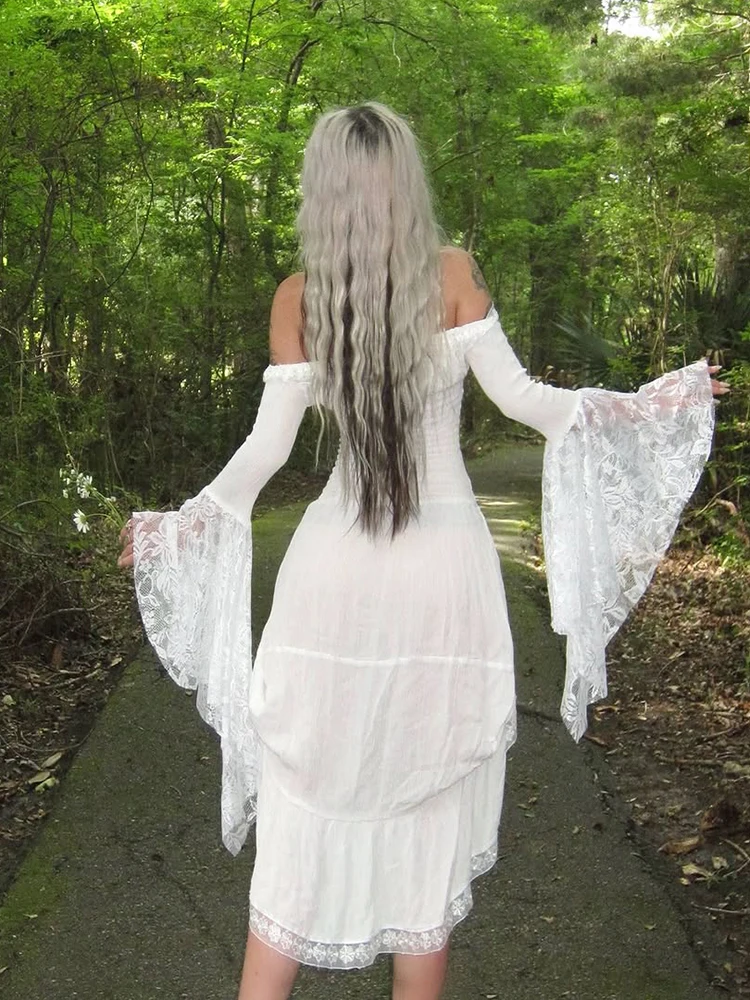 Vestido de estilo elegante de Kliou Y2K, vestido de mujer con escote en la espalda sin espalda, con retazos, manga acampanada, estilo dulce, fiesta de cumpleaños a la moda Bodycon