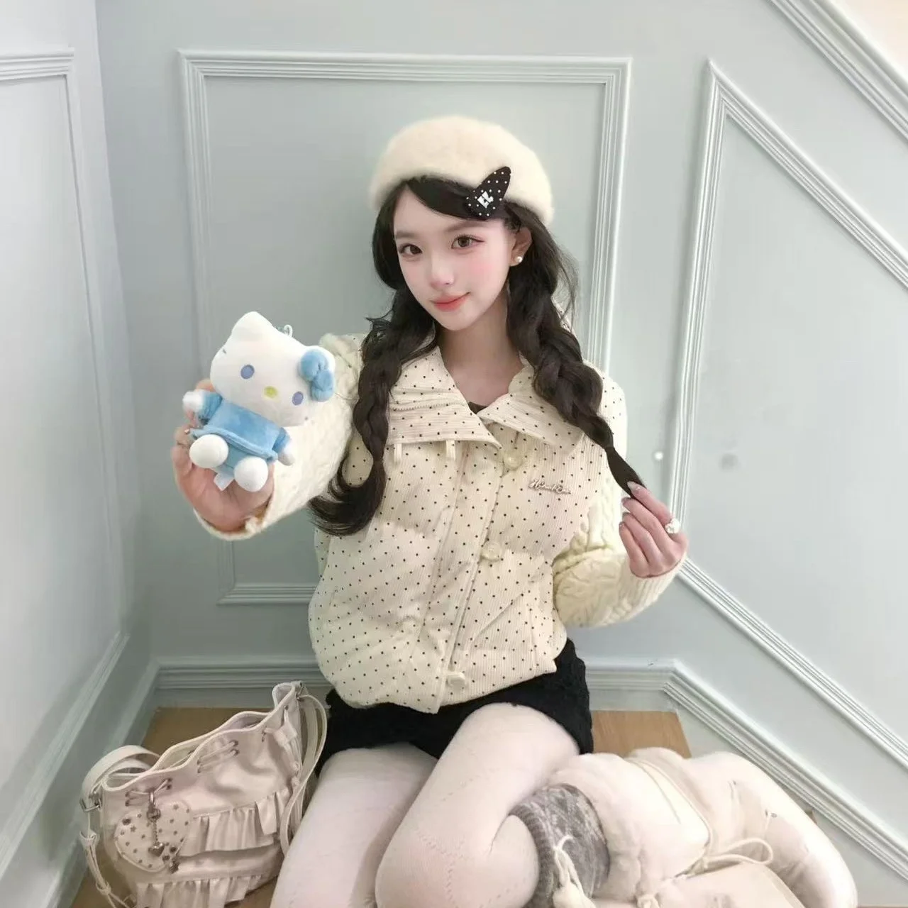 Korean Style Sweet Polka Dot Knitted Splicing Long Sleeve Cotton Jacket Women's Winter Loose Thick Short Warm Bread Style Coat