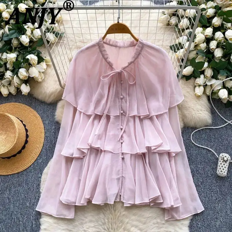

ANJY Spring Summer New Women Elegant Chic Lace-Up Ruffles Chiffon Long Sleeve Blouse Sweet Versatile Loose Fit Tide Shirt A23529