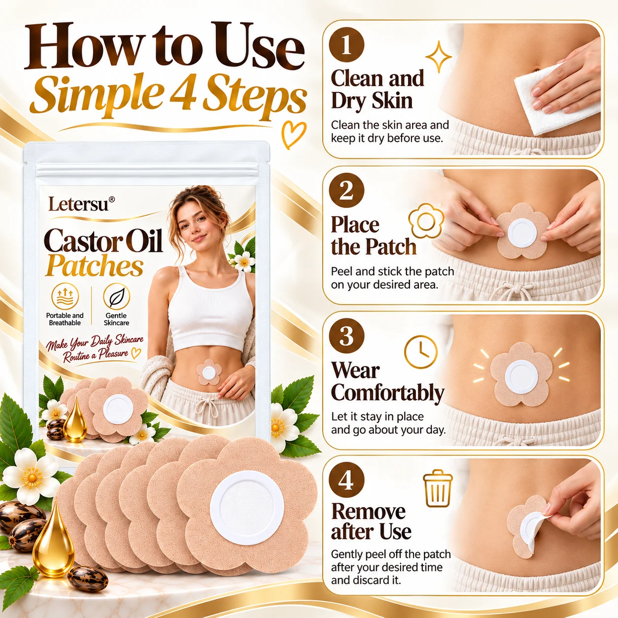 50PCS Castor Oil Patches for Belly, Flower Shape Body Care Pads, Breathable Comfortable Skin Patches for Daily Skincare