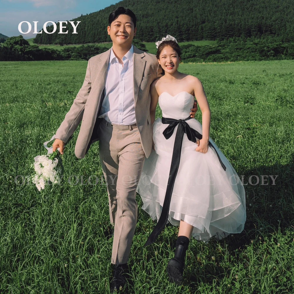 

OLOEY Simple Sweetheart Neck A Line Wedding Dress Korea Photo Shoot Sleeveless Silk Organza Bridal Gown with Sashes Customized