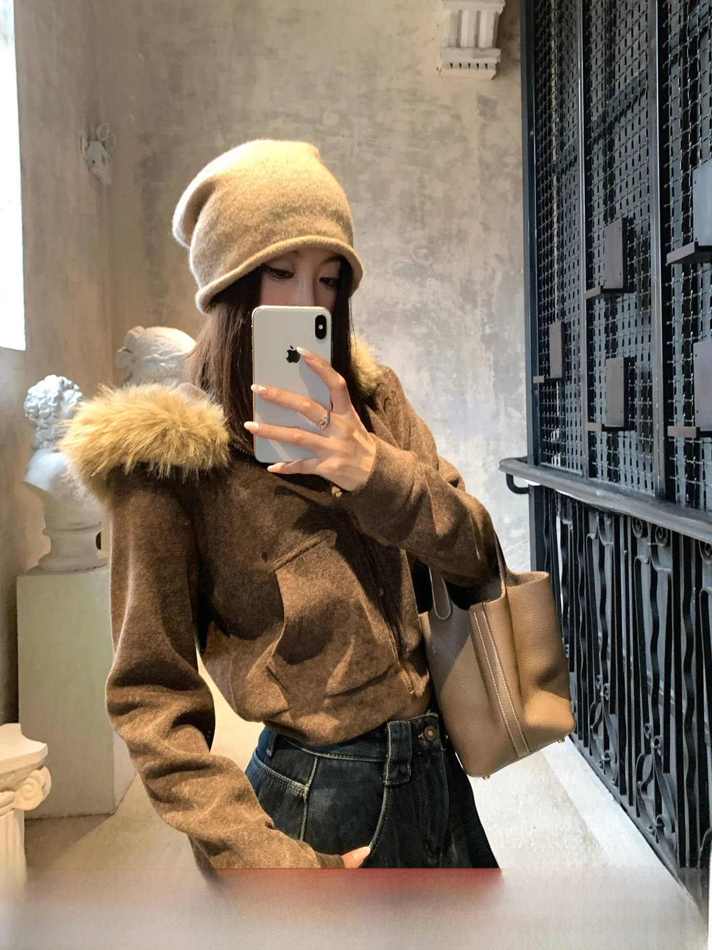 

GV Big Brother Light Warmth Fireplace Fce Lined Slim Fit Waist Cinched Sweatirt Open Cardigan Autumn Winter Women's Warmth