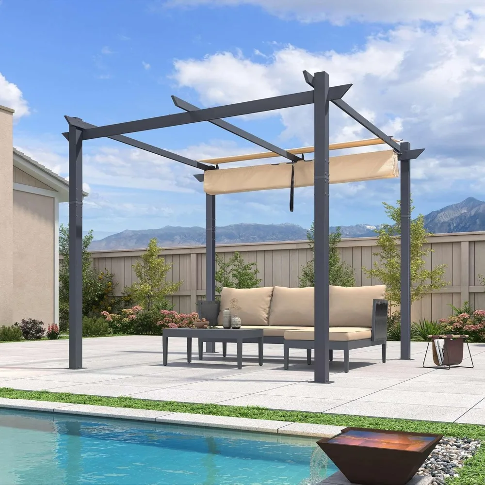 

10' X 10' Patio Retractable Pergola with Shade Canopy Modern Grill Gazebo Metal Shelter Pavilion for Porch Deck Gard