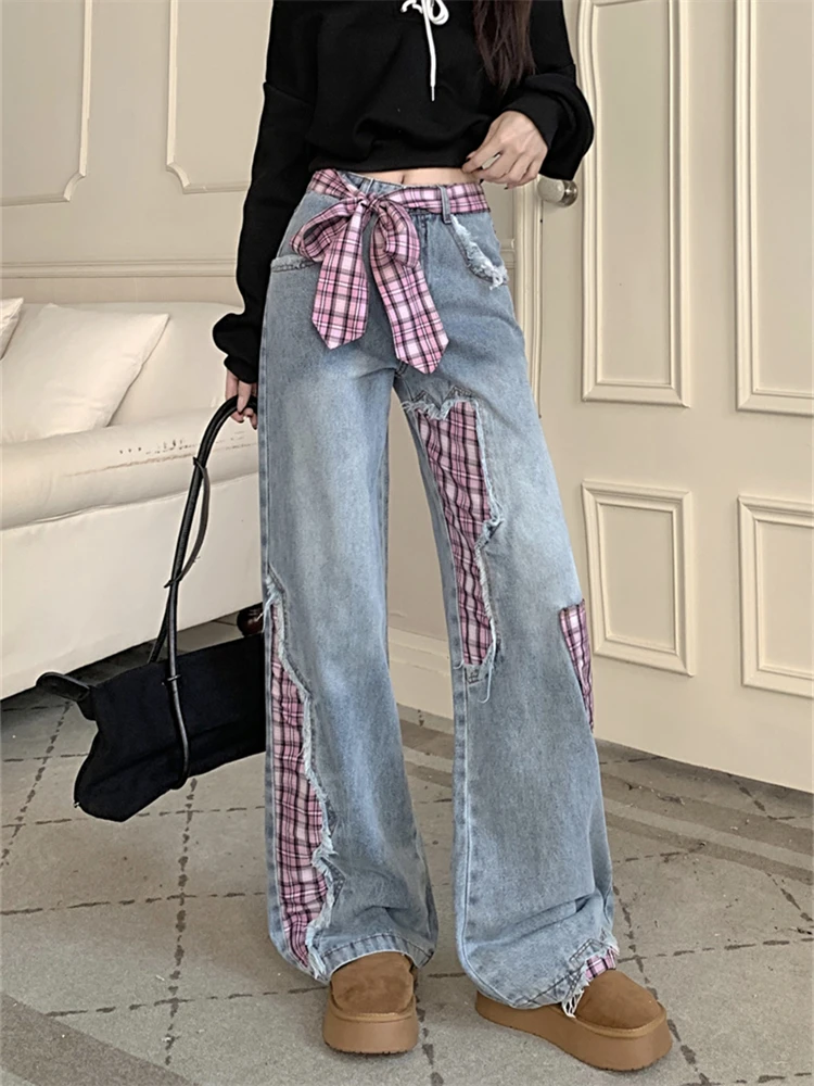 Women's Grid Splicing Bow Patch Jeans Sweet Girl Trouser High Waisted Vintage Streetwear Female Casual Y2K Denim Pants