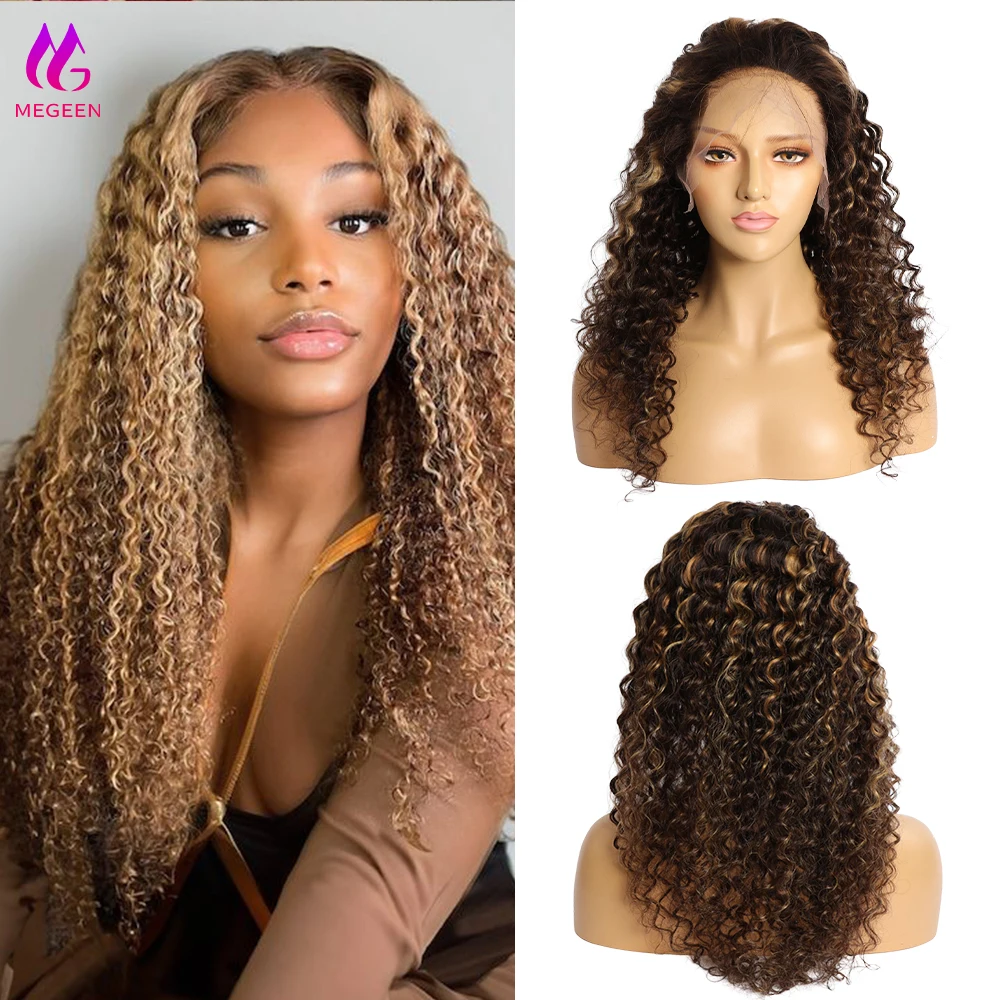 Megeen Highlight Deep Wave P4/27 13x4 HD Human Hair Lace Front Wig With Baby Hair Curly Transparent Lace Frontal Wig Virgin Hair