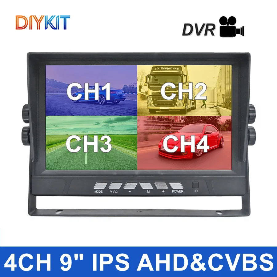 DIYKIT 4PIN 9inch AHD IPS 4 Split Quad LCD Screen Car Rear View Monitor Max Support 1080P AHD Camera with Video Recording