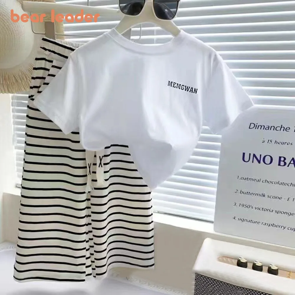 

Bear Leader Girls Clothing Sets Summer Letters White T-shirt and Strips Pants 2 Pcs Suits 1-7 Years Kids Clothes Outfits
