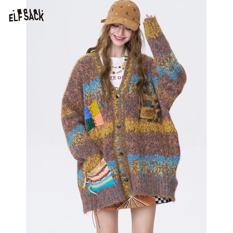 

ELFSACK Y2K Casual Loose Bright Color V Neck Knit Long Sleeve Sweater For Women