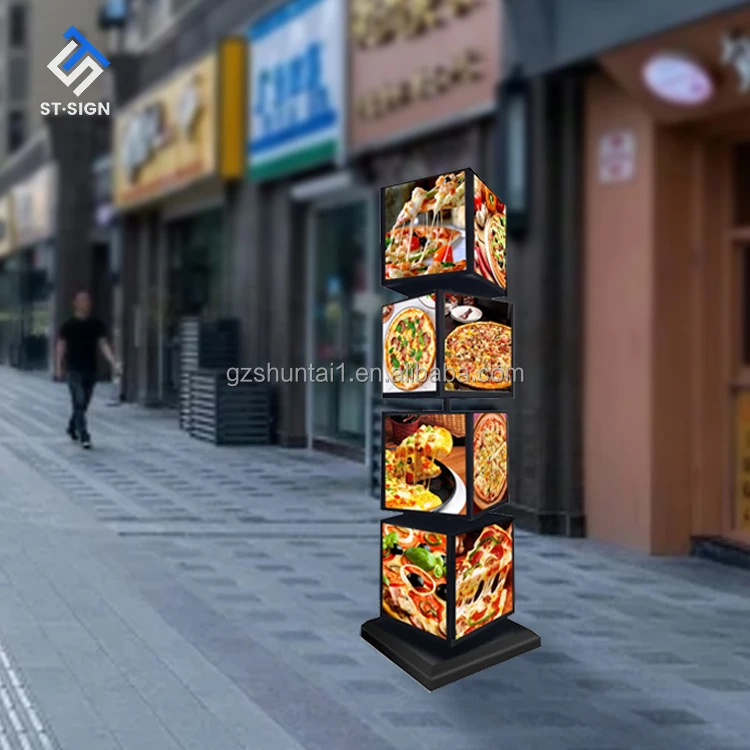 Customized Floor Led Advertisement Sign Menu Poster Frame Box Light Acrylic Iron Square Waterproof Automatic Rotating Light Box