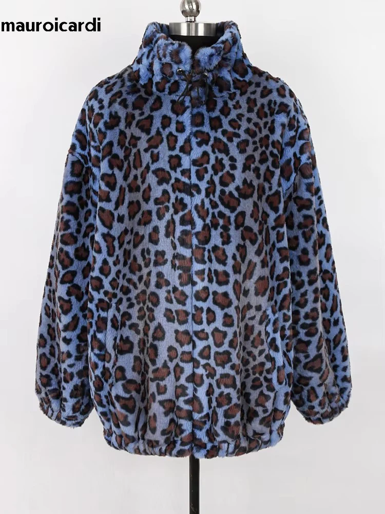 Mauroicardi Autumn Winter Thick Warm Soft Colorful Multicolored Leopard Print Faux Fur Coat Women Zip Up Luxury Fluffy Jacket