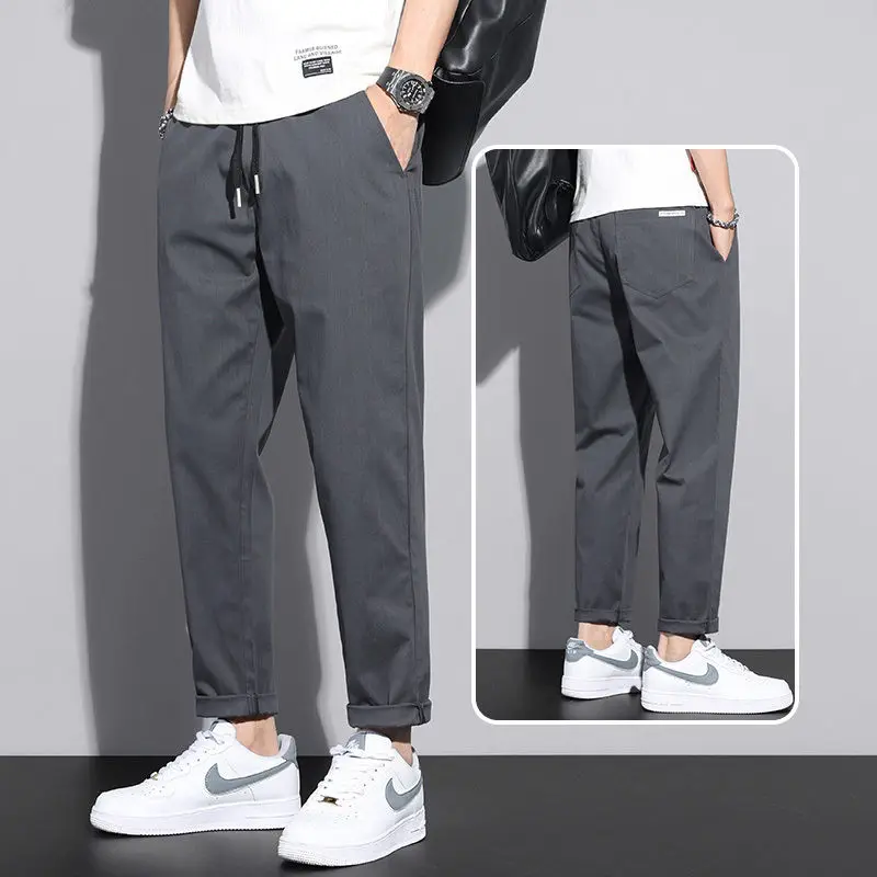 Casual Baggy Pants Men's Loose Straight Summer Thin Ice Silk Male Cropped Suit Pants  Elastic Waist Cotton Trousers Men Pants