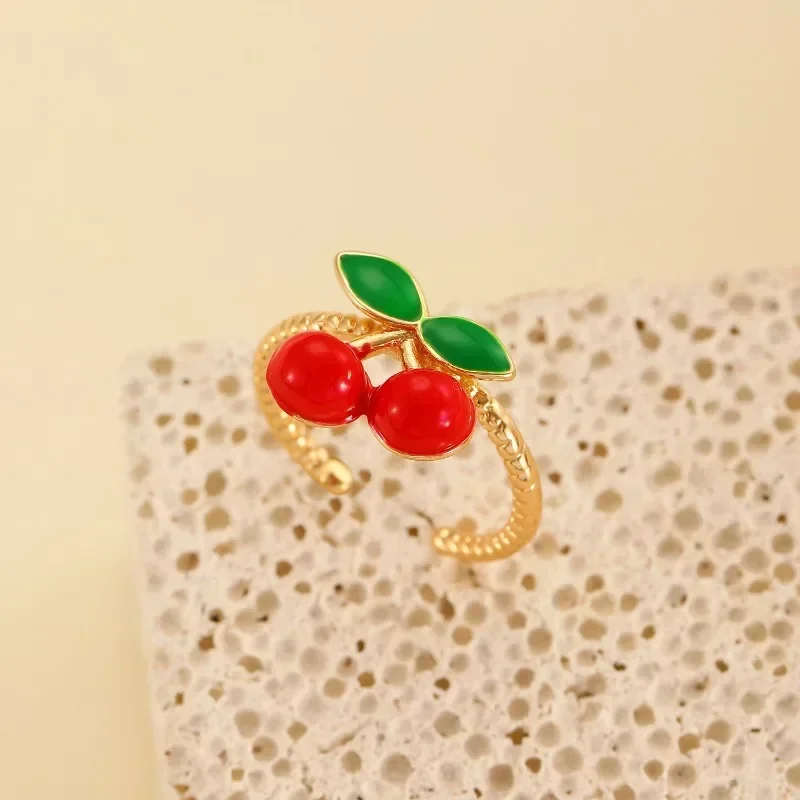 

Real 925 Sterling Silver Zircon Enamel Cherry Strawberry Opening Ring for Women Cute Fine Jewelry Minimalist Plant Accessory