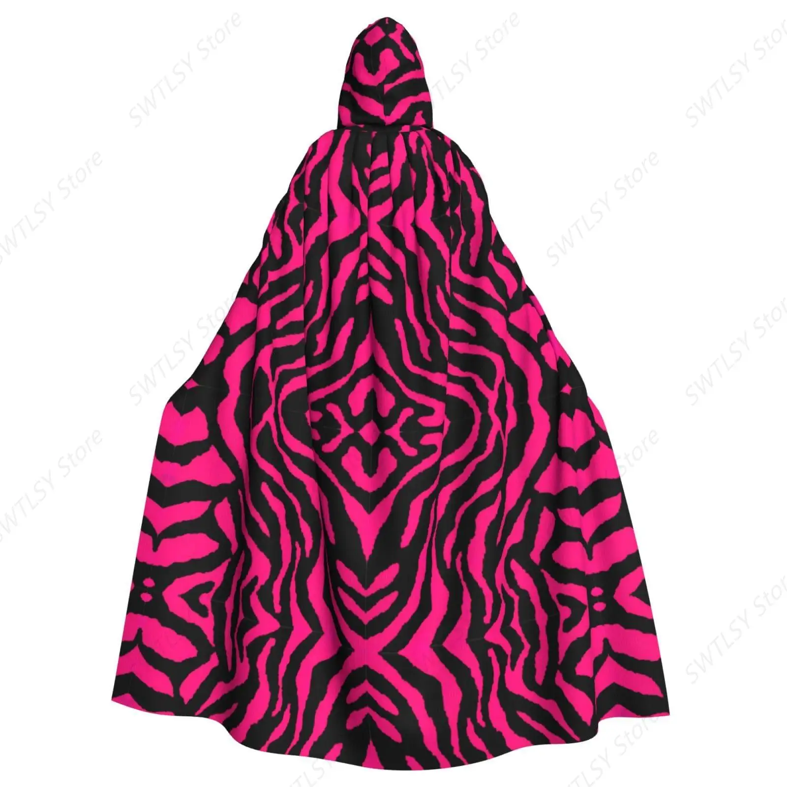 Zebra Tiger Leopard Pink Print Unisex Adults Hooded Cloak Cape,Witch Cape, Medieval Cloak, For Halloween Cosplay Costumes