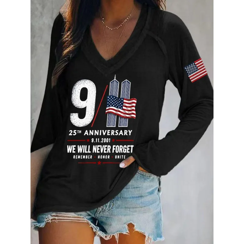 ilstile Women's America Anniversary We Will Never Forget Print T-Shirts Spring Summer Long Sleeve Casual Loose V Neck Tops Tees