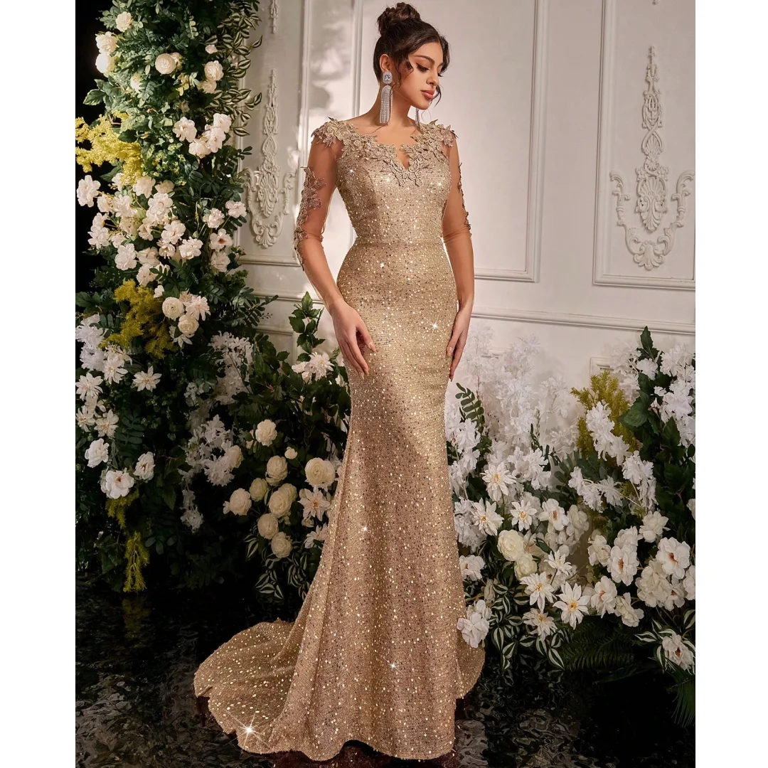 

Champagne Sequined Evening Dresses Tulle Sleeves Woman Mermaid vestidos de noche Lace Prom Dress Formal Party Gown Customized