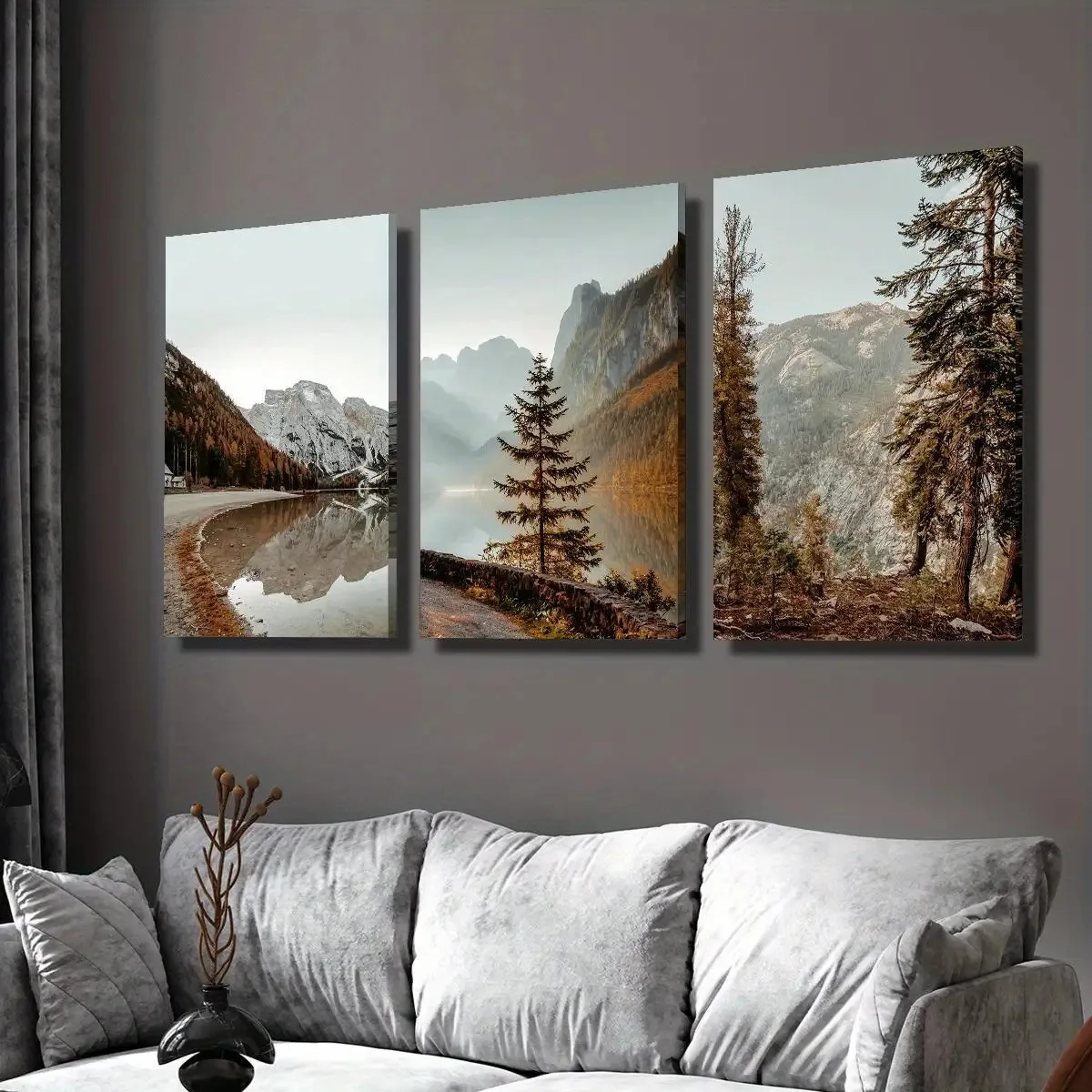 [Arte Moderno Nórdico] 3 Piezas Impresión en Lienzo |   Arte de Paisaje Nórdico Moderno con Bosque en el Valle, Montañas y Árboles de Ensueño