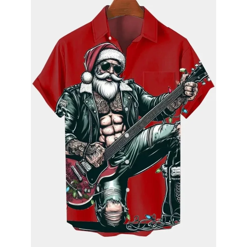 

Christmas men's short sleeve lapel shirt 3d printed Santa Claus playing guitar print casual comfortable fashion shirt as a gift