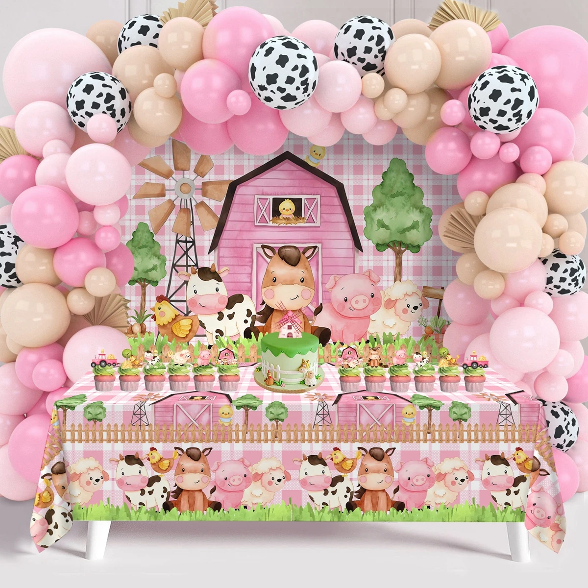 

Pink Farm Theme Birthday Party Decoration Backdrop Tablecloth Balloons Set Baby Shower Kids Girls Birthday Party Supplies