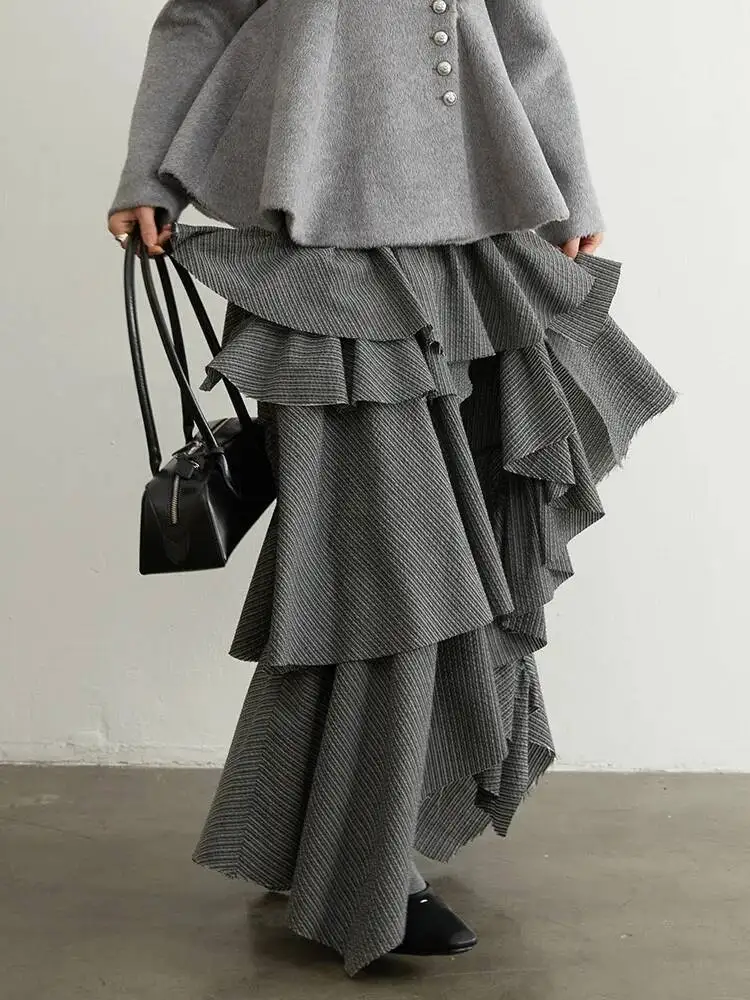 Gray High Waist Plaid Burr Slit Irregular Long Cake Half-body Skirt Women Fashion  New Spring Autumn 2026 VNCL
