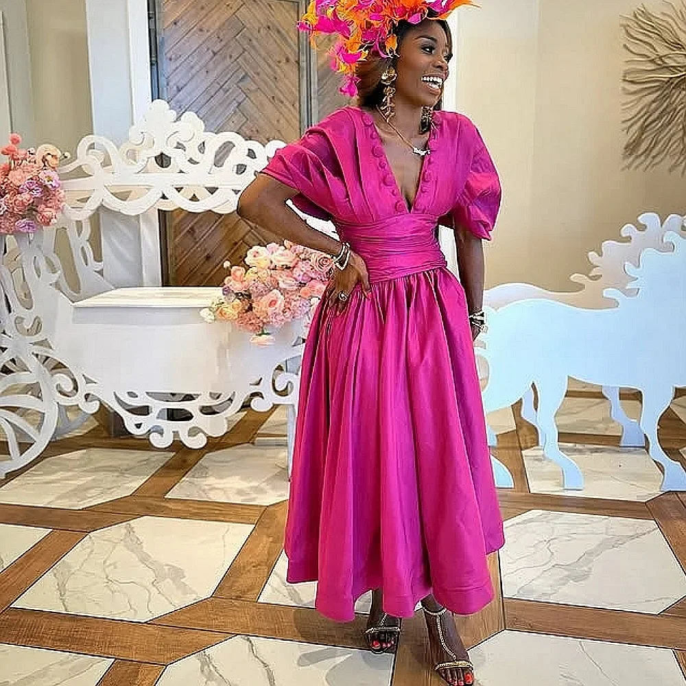 

Fuchsia V-Neck Evening Dress with Unique Sleeves Ankle-Length Satin Prom Dress for African Women Christmas Gowns Party Wear