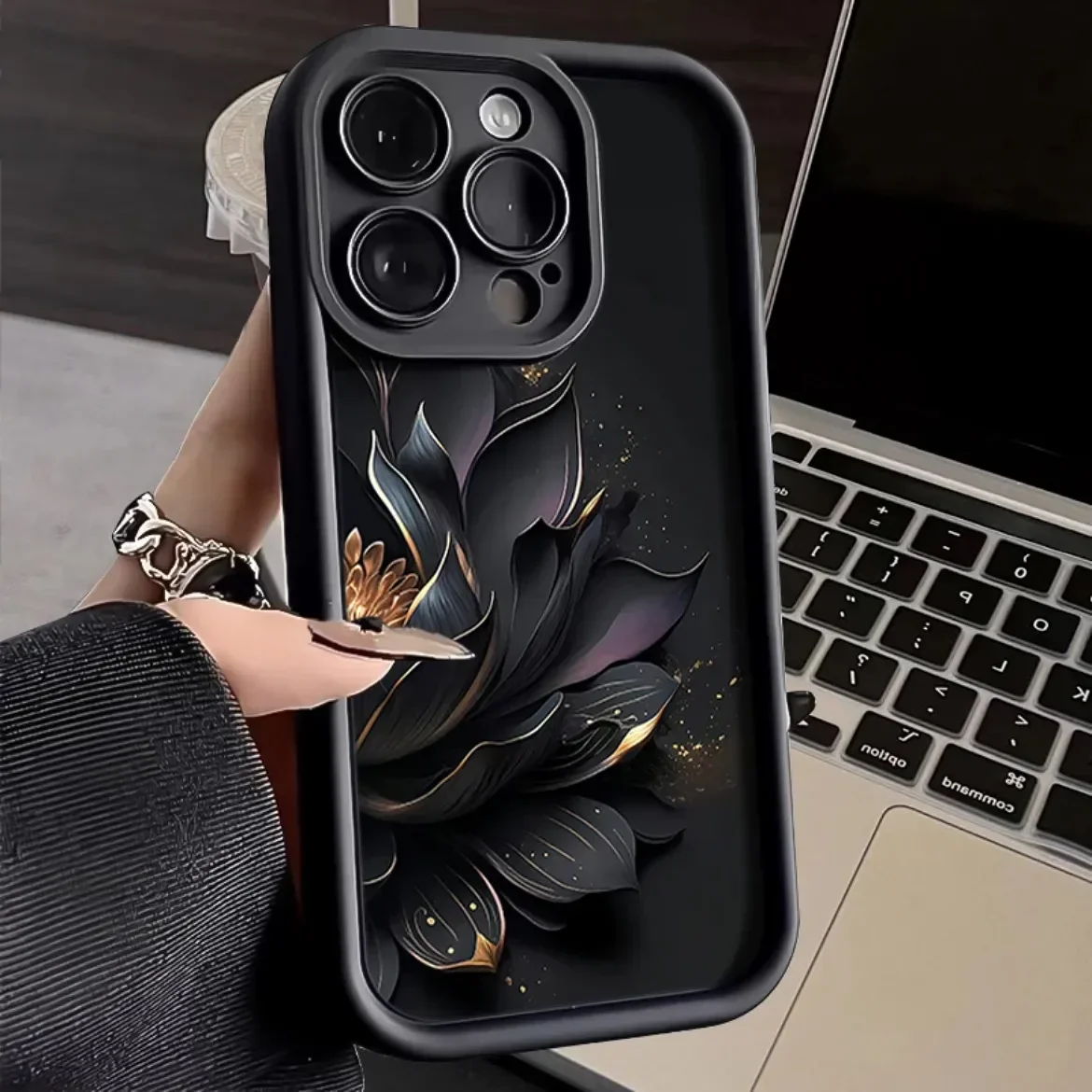 Phone Case for IPhone 15 Case for IPhone 13 11 14 15 Pro Max 7 8 Plus XS X XR SE2 Black Lotus Flower Shockproof Soft Cover