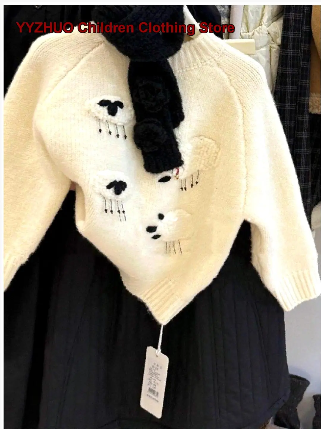 Girls Korean Winter Off-White Cute Sheep Design Thickened Black Cotton Half Skirt 2025