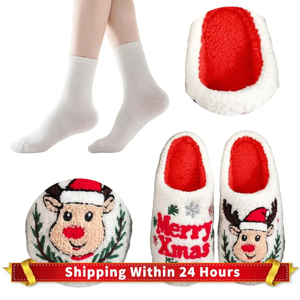 شبشب قطني على شكل غزال عيد الميلاد غير قابل للانزلاق أحذية منزلية لطيفة دافئة غامضة دافئة كرتونية مسطحة للشتاء هدية غير رسمية للعائلة والأصدقاء