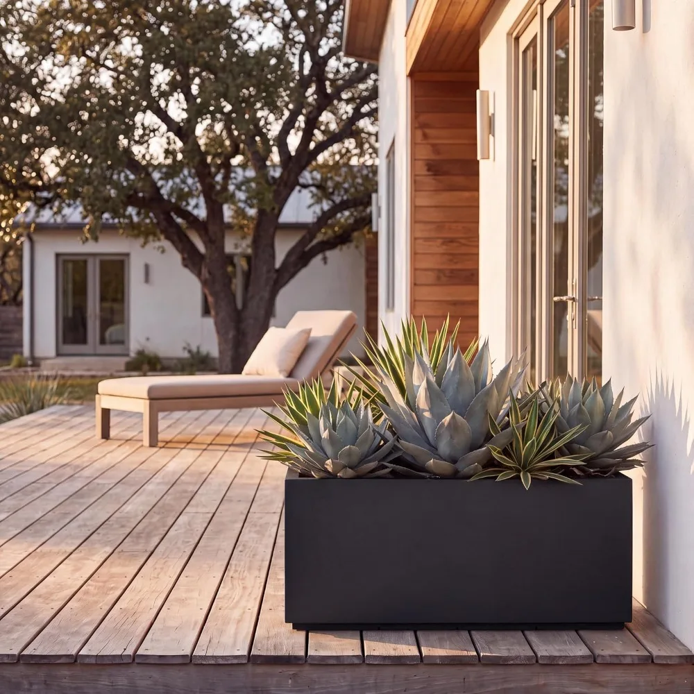 Modern Rectangular Trough Planter 43x15x19 in Lightweight Weather Resistant Stone-Look Resin Black