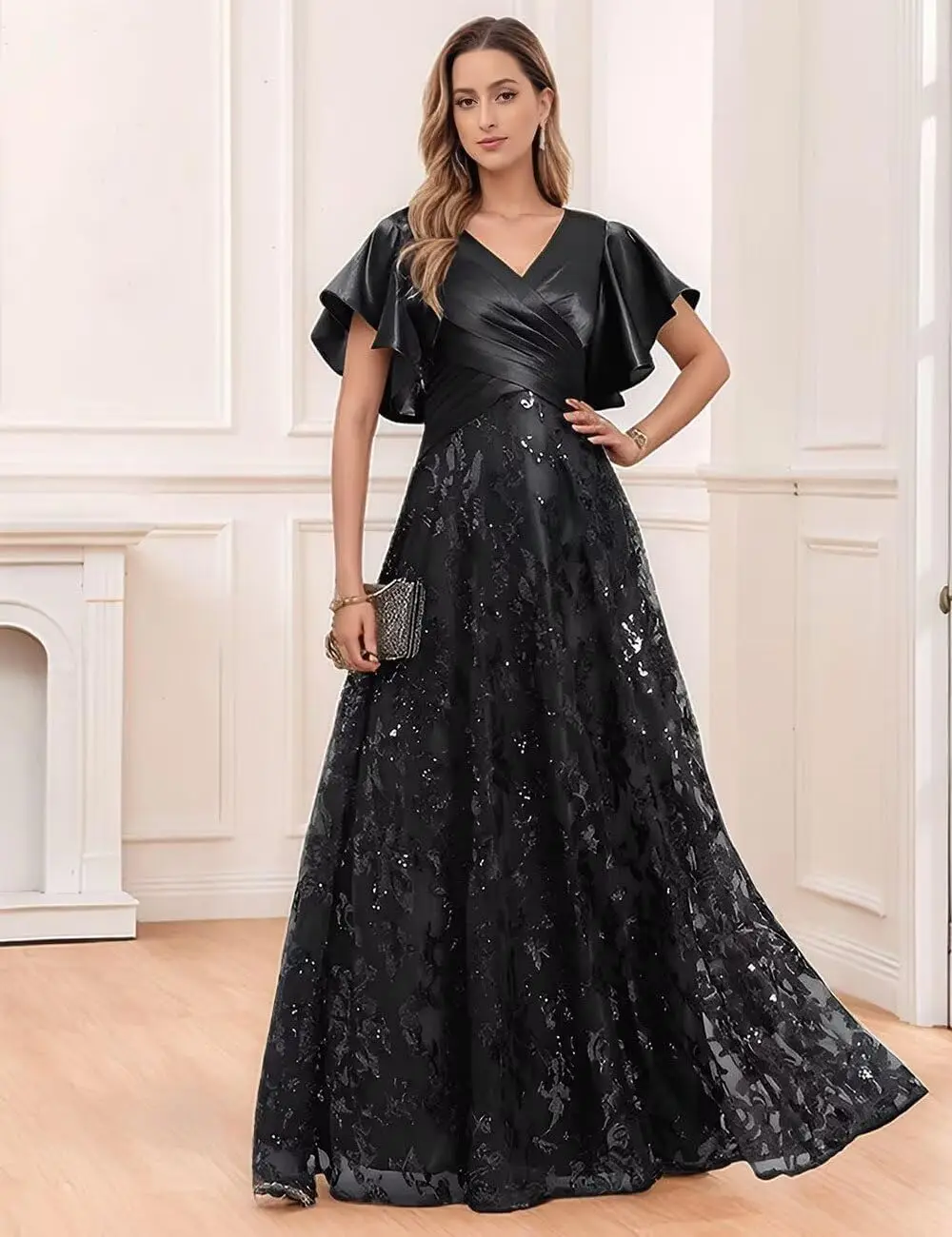 Vestidos de lentejuelas para madre de la novia con mangas Vestido de noche plisado de satén para mujer formal