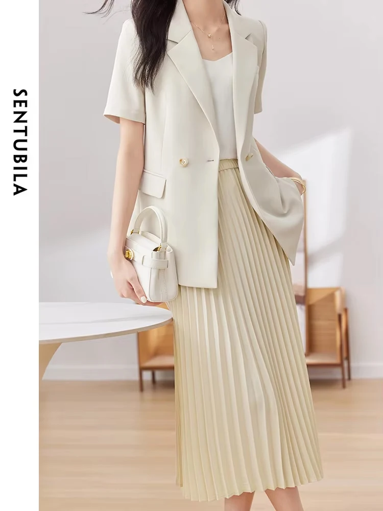 SENTUBILA Office Lady Blazer and Skirt 2 Piece Set for Women 2024 Summer Short Sleeve Jacket Pleated Skirts Suit Woman 132Z49856