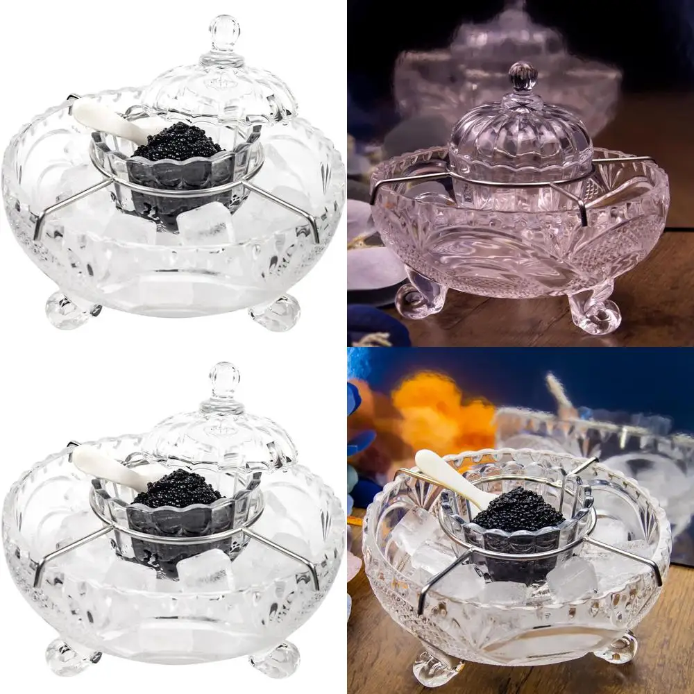 

Элегантный стеклянный набор для икры с разделителями и 2 ложками с жемчужными ручками для кухни и кейтеринга