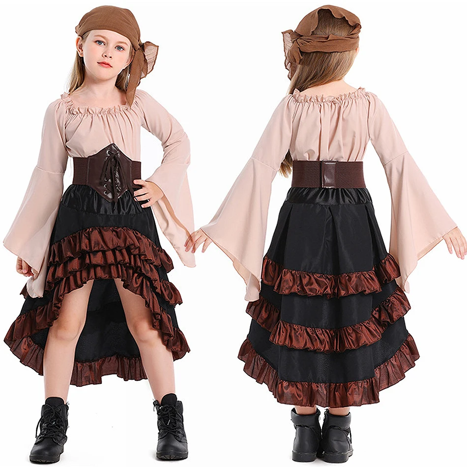 Kind Pirate Retro Cosplay Unregelmäßigen Rüschen Rock Mädchen Hohe Taille Kleid Kinder Halloween Karneval Party Leistung Kostüm Set