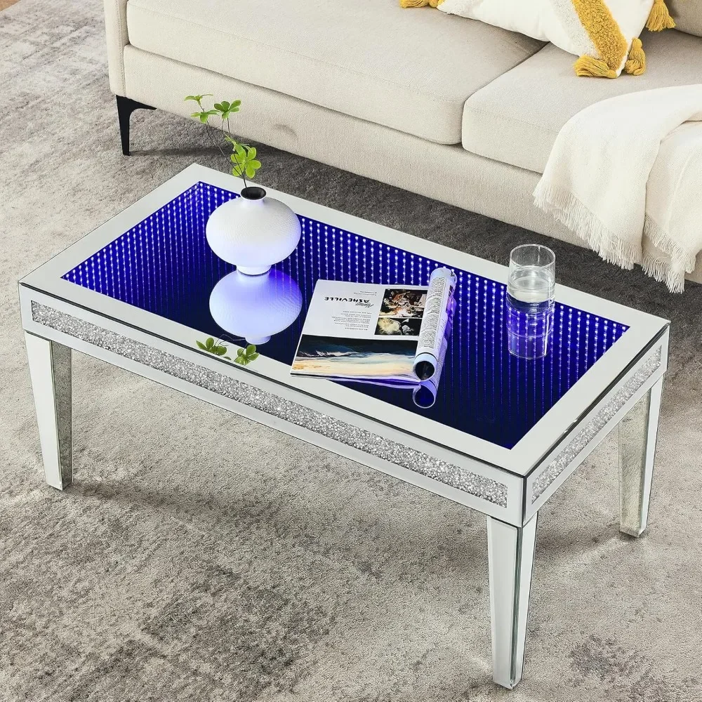 

Mirrored Coffee Table with LED Lasagna Lights, Glass Rectangle Coffee Tea Table with Crushed Diamond