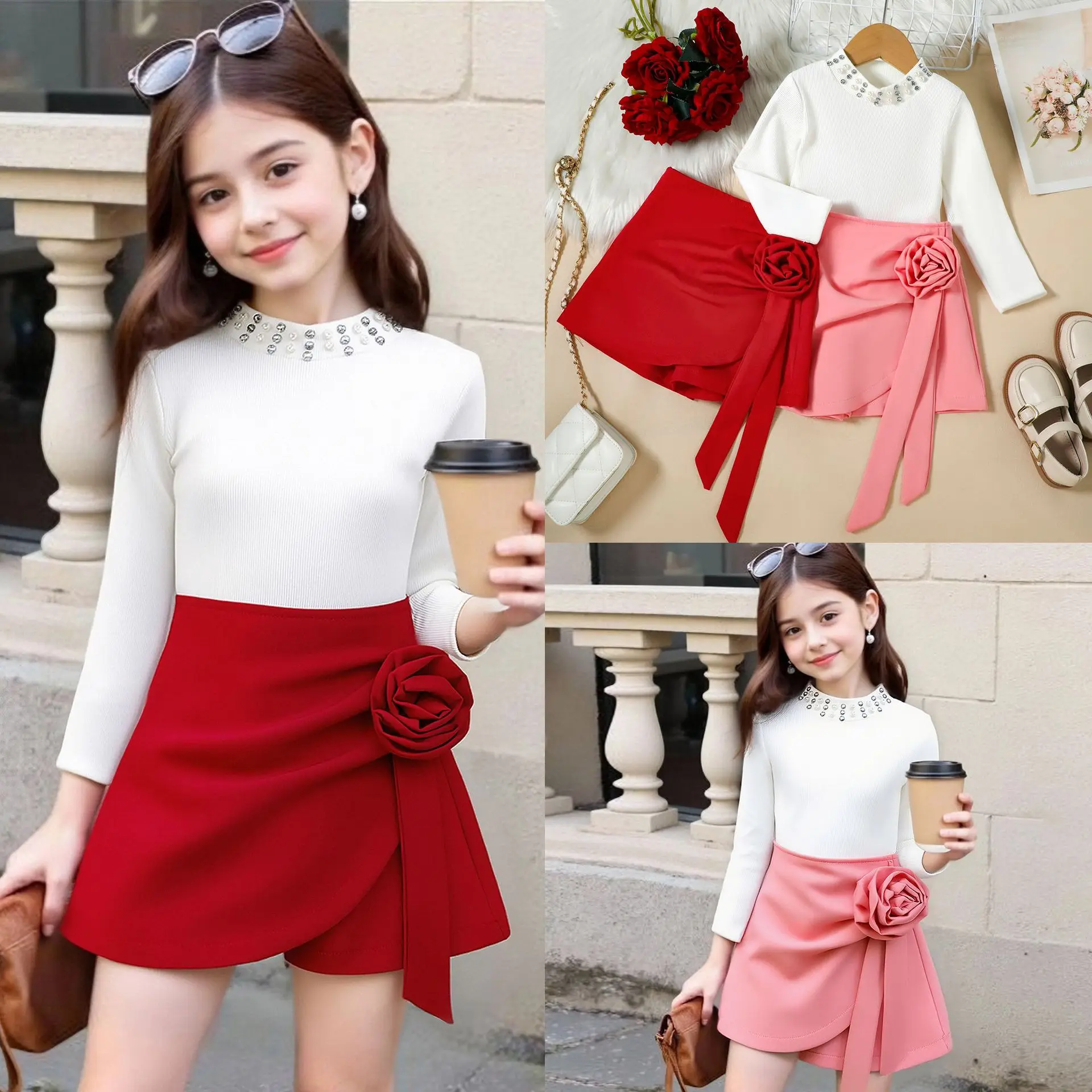 Girls Suit 2026 Spring and Autumn New Childrens Wear Baby Girls Beaded Long-sleeved Top Stereoscopic Flower Dress Two-piece Set