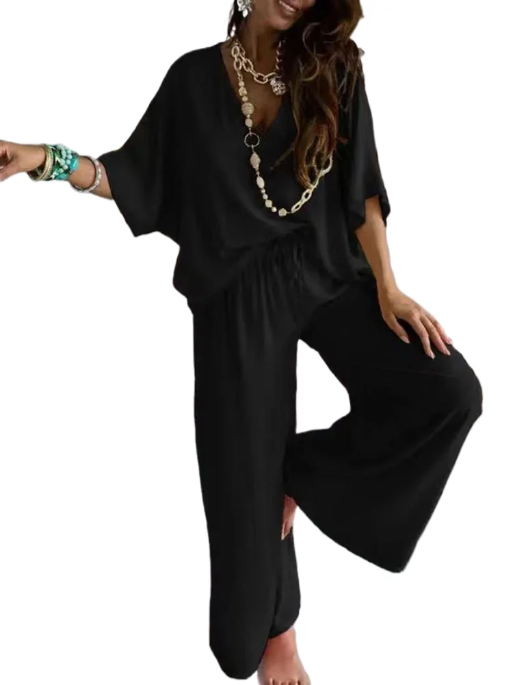 

2023 Long Pant Sets Summer two piece set For Women V neck Bat Sleeve Casual Loose Wide-leg Pants 2 piece set solid color Outfits