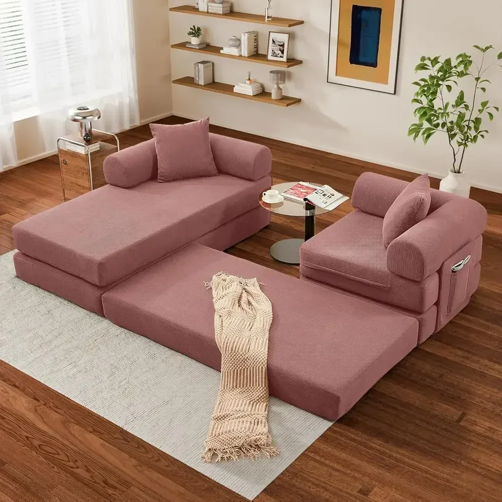 ular L Shaped Soa Bed with Cylindrical Pillow & Reversible Chaise, Corduroy Convertible loor BonelSoa Couch Bed with ixed-Shap&