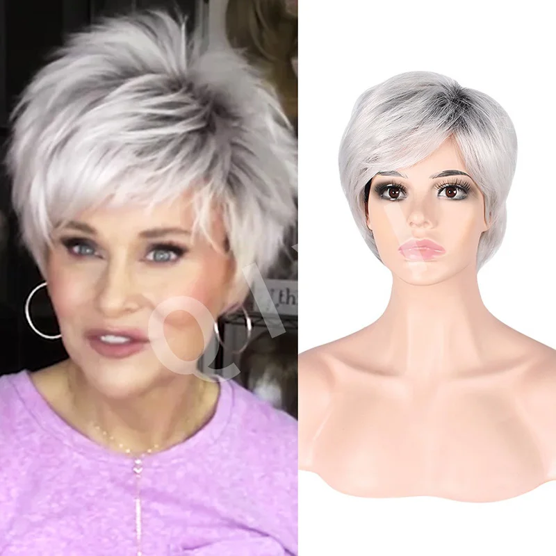 Robe de soirée pour femme, cheveux courts dégradés, banquet, soirée, assortie à des cheveux bouclés en fibre chimique moelleux, cheveux de longueur d'oreille pour femme