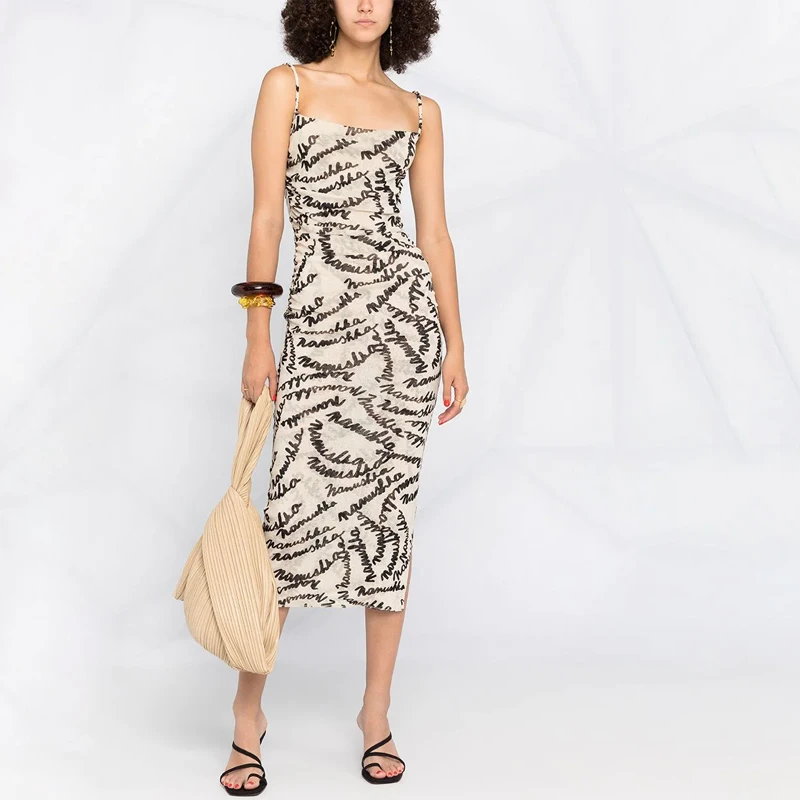 

Nanu Hungarian Spring Summer Letter Print Ele Slimming Pleated Strap Dr Long Split Skirt Ci Commuting A-Line Dr