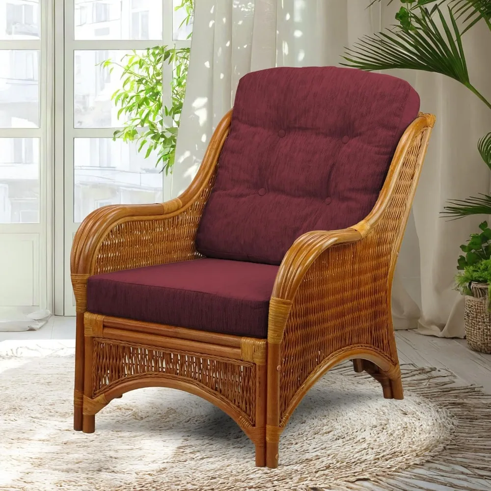 

Jam Lounge Living Accent Armchair Colonial Color, Natural Rattan Wicker Handmade Design with Dark Brown Cushion