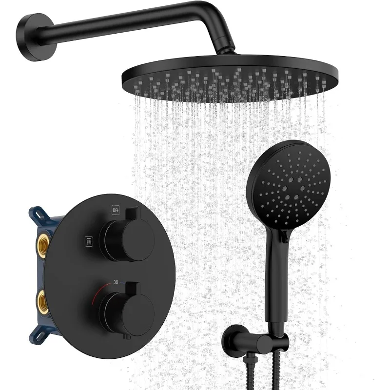 Iriber Thermostatic Shower System Wall Mount with 10 Inch Roud Rainfall Shower Head and Handheld,Shower Faucet Mixer Trim Kit