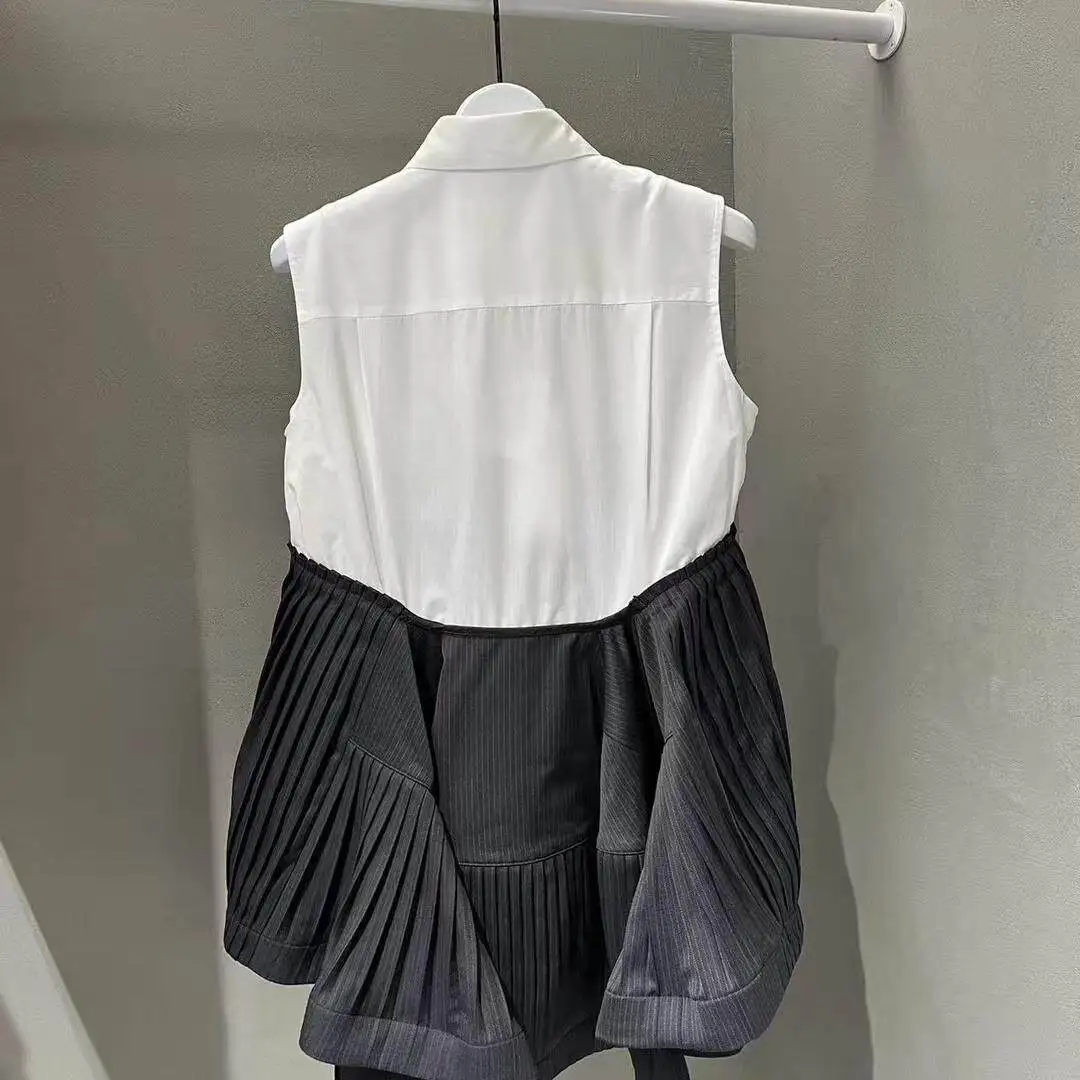 

SAC Japanese new lapel collar splicing denim pleated sleeveless shirt
