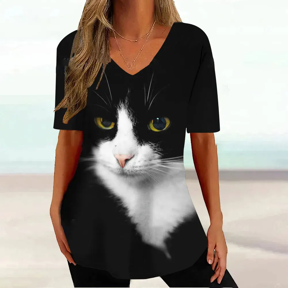 

2024 New O-Neck 3d Cute Cat Print T Shirt Women's T-shirt Summer Fashion Short Sleeve Tops Oversized Summer Top Female Clothing