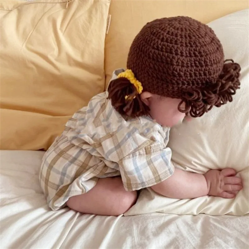 Cute Newborn Baby Girl Beanie Hat Cosplay Hair Braid Wig Cap Winter Warm Knit Children Kids Girls Hats and Caps Photography Prop